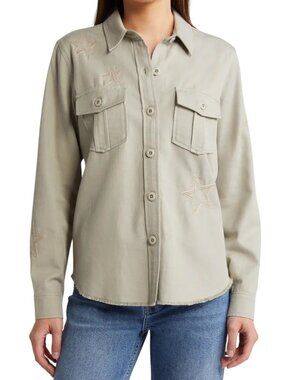 RAILS Loren Star Embroidered Raw Hem Twill Shirt Jacket in Sage